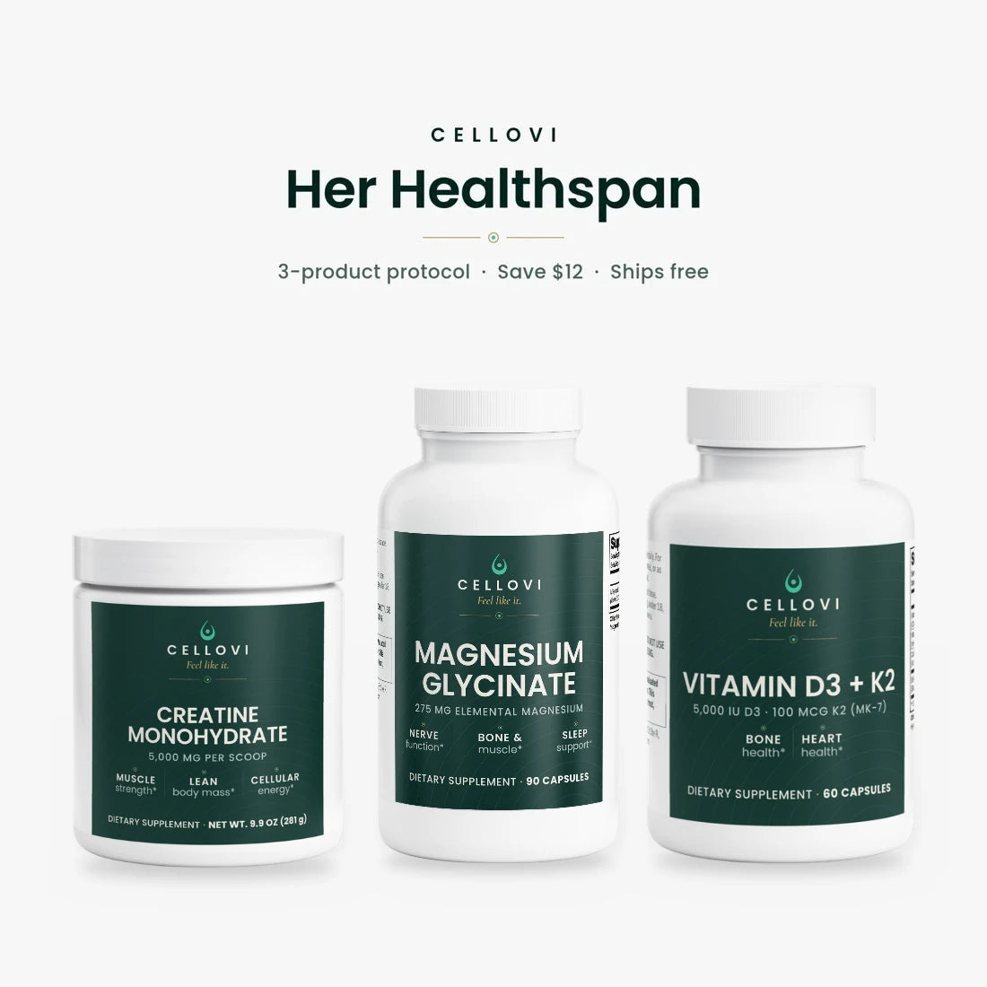 Cellovi Her Healthspan Protocol: Creatine, Magnesium Glycinate and Vitamin D3 + K2